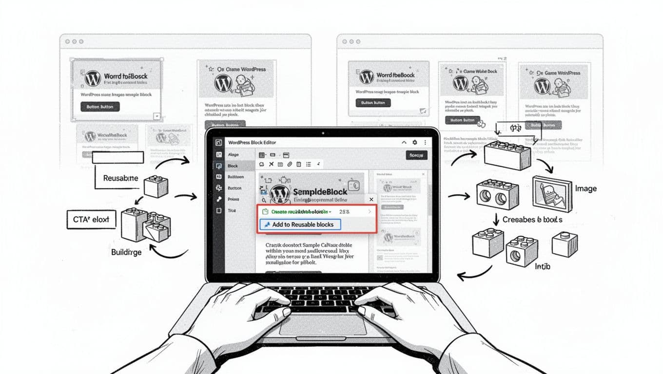 Black-and-white high-contrast illustration of a laptop screen showing the WordPress Block Editor with 'Create reusable block' button highlighted, featuring modular content blocks and reusability across web pages.