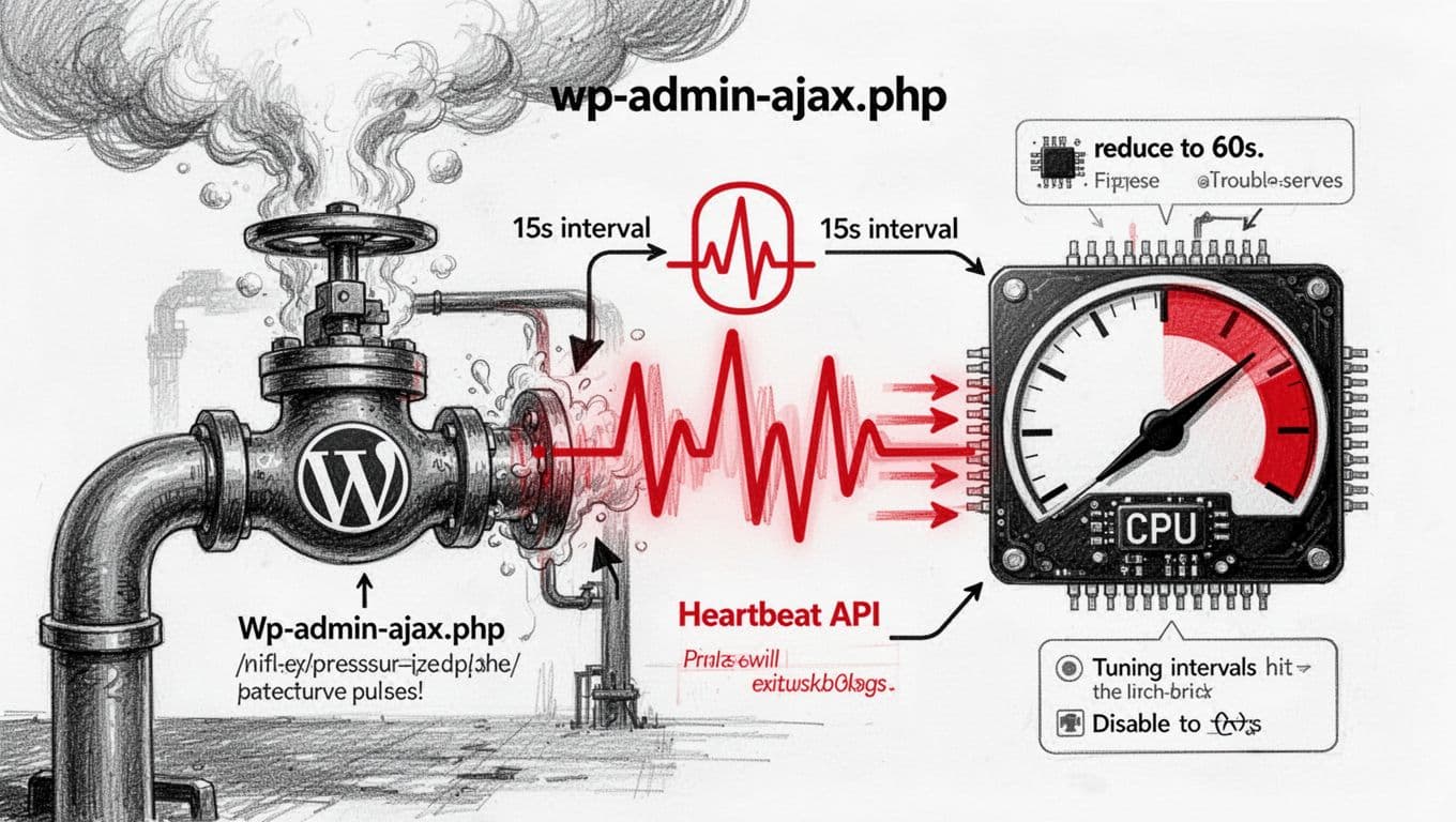 Black-and-white high-contrast illustration of a wp-admin-ajax.php pipe over-pressurized by rapid Heartbeat API pulses, spiking the CPU gauge into the red zone with troubleshooting callouts for interval tuning.