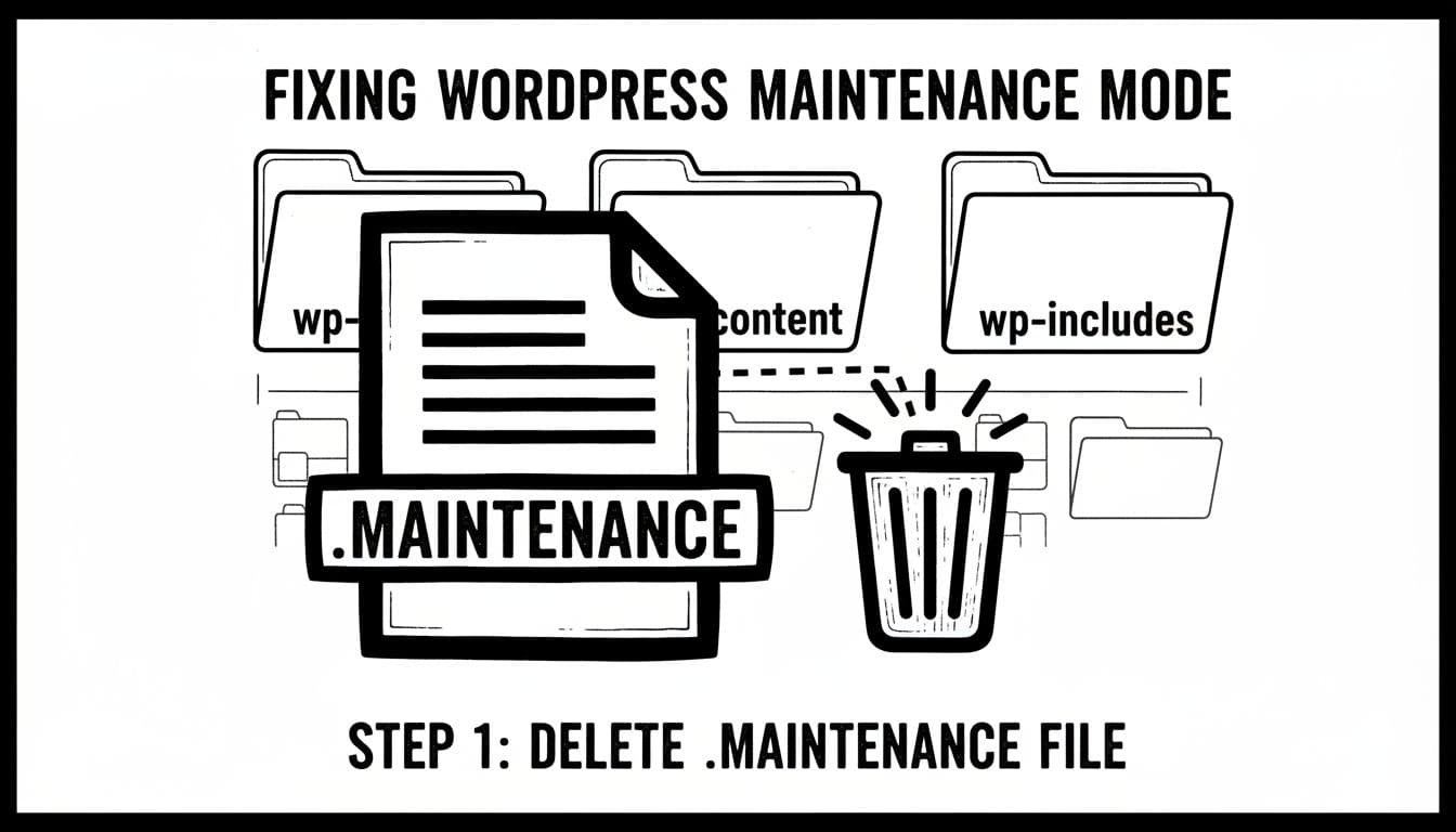 High-contrast black-and-white ink drawing illustration depicting a file manager view with WordPress folders and a highlighted .maintenance file ready for deletion to resolve stuck maintenance mode after updates.
