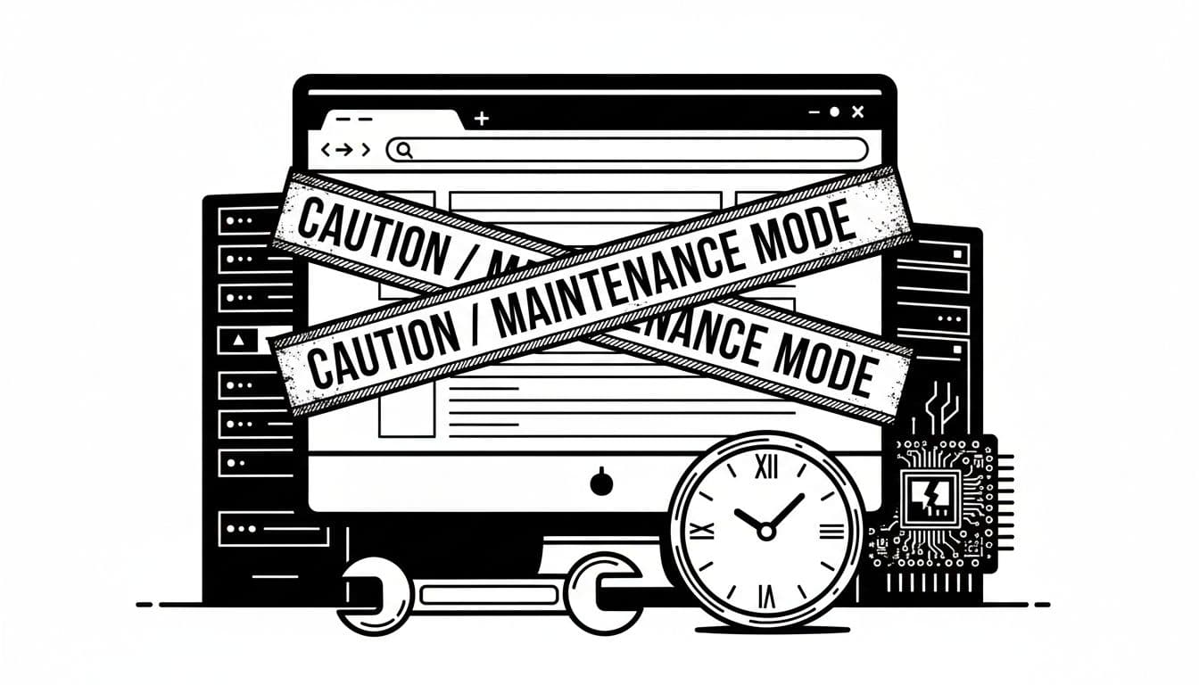 High-contrast black-and-white ink drawing in linocut style showing a WordPress browser window behind 'CAUTION / Maintenance Mode' tape, with a wrench and ticking clock in the foreground and server silhouette in the background.