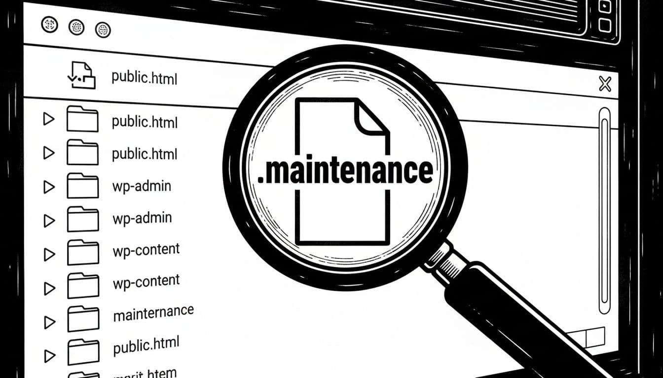 High-contrast black-and-white ink drawing illustration of a magnifying glass inspecting the .maintenance file in a hosting panel, aiding in fixing WordPress stuck in maintenance mode after updates.