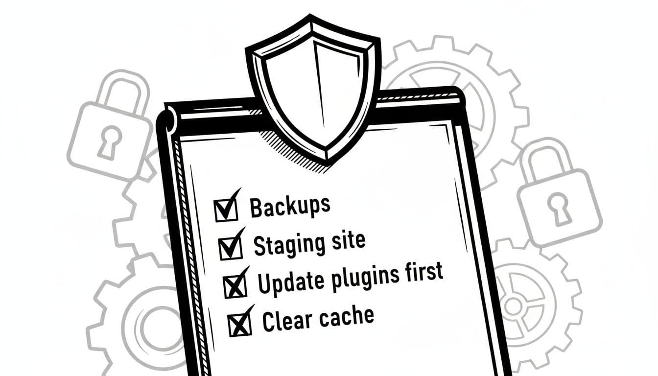 High-contrast black-and-white ink drawing illustration of a ticked checklist on a shield or notepad for preventing WordPress from getting stuck in maintenance mode after updates, featuring items like backups, staging site, update plugins first, and clear cache.