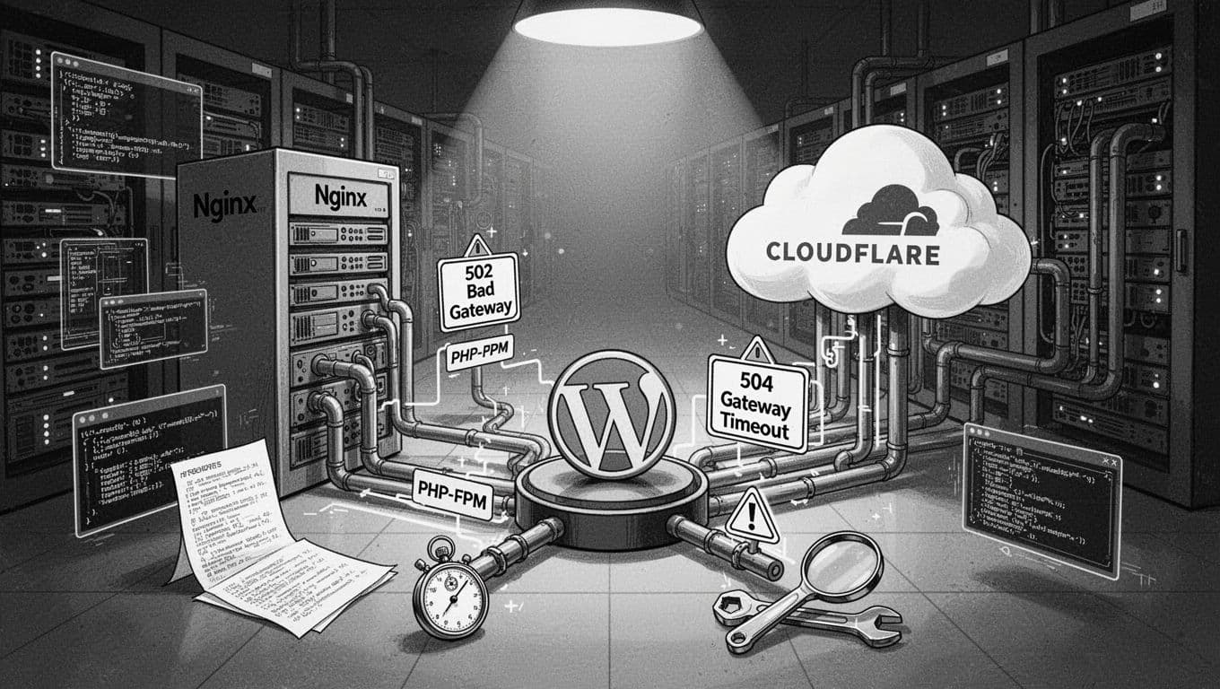 Black-and-white high-contrast editorial illustration of a stylized server room with Nginx tower, PHP-FPM pipes, WordPress W hub, Cloudflare gatekeeper, and integrated 502 Bad Gateway and 504 Gateway Timeout warnings, featuring debugging motifs like terminal snippets and a wrench.