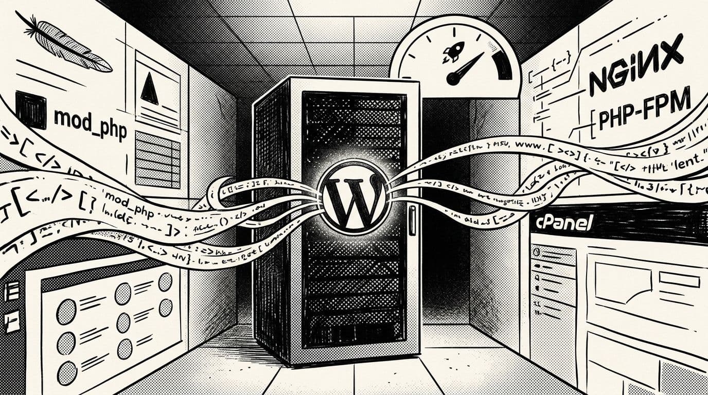 Black-and-white ink illustration of a single server rack in a dimly lit data center, featuring a glowing stylized WordPress W emblem and abstract code ribbons indicating PHP OPcache activation, with a speed gauge pointing to fast.