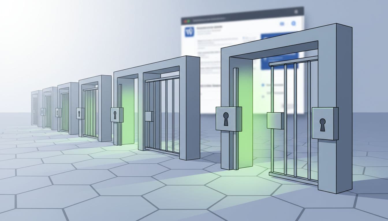Modern illustration of a pathway with glowing green open gates for allowed WordPress capabilities and locked gates for denied permissions, leading to a blurred dashboard.