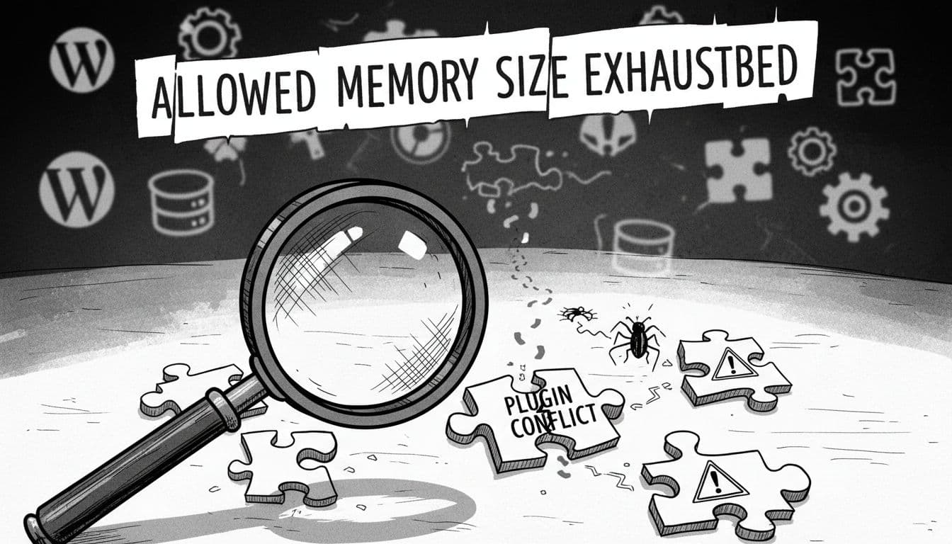Black-and-white high-contrast editorial illustration for WordPress troubleshooting article on PHP 'Allowed memory size exhausted' error, featuring a magnifying glass inspecting scattered plugin puzzle pieces with a cracked 'plugin conflict' piece and shadowy tech noir background.