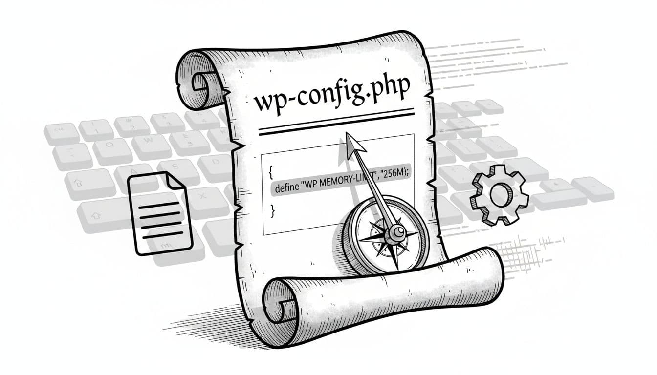 Black-and-white editorial illustration for WordPress troubleshooting on PHP 'Allowed memory size exhausted' error, featuring a wp-config.php scroll with highlighted memory limit code guided by a compass, in high-contrast ink line art with tech noir vibe.