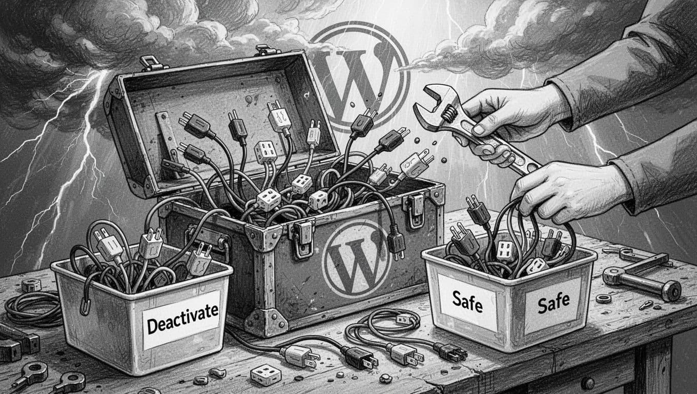 High-contrast black-and-white ink illustration depicting a hand with a wrench sorting faulty plugins (as wires and plugs) from a toolbox into 'Deactivate' and 'Safe' bins, on a workshop bench with faint WordPress logo and clearing stormy clouds.