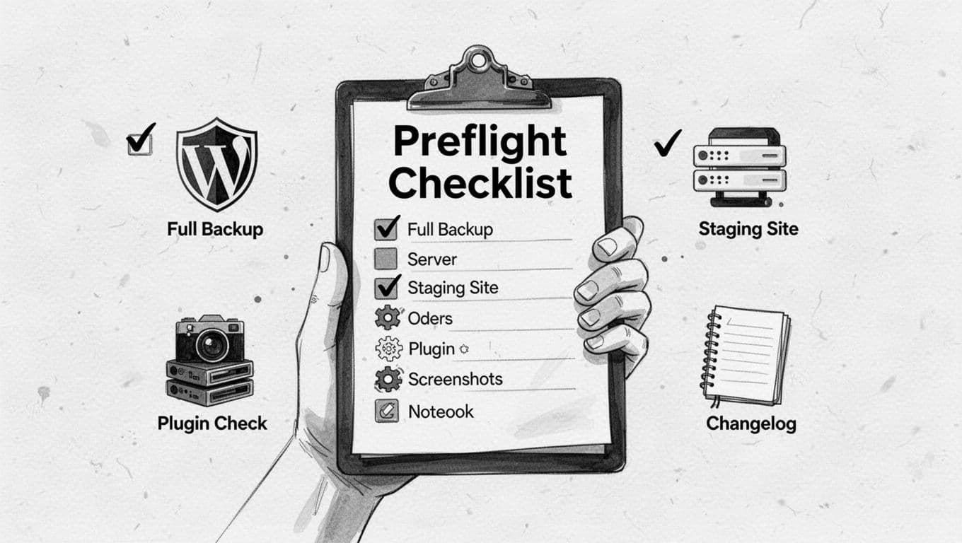 High-contrast black-and-white ink illustration of a hand holding a clipboard labeled 'Preflight Checklist' with checkmarked icons for full backup, staging site, plugin check, screenshots, and changelog, symbolizing WordPress theme switch preparation. Clean line art with minimal shading, subtle paper texture, and generous whitespace in landscape composition.