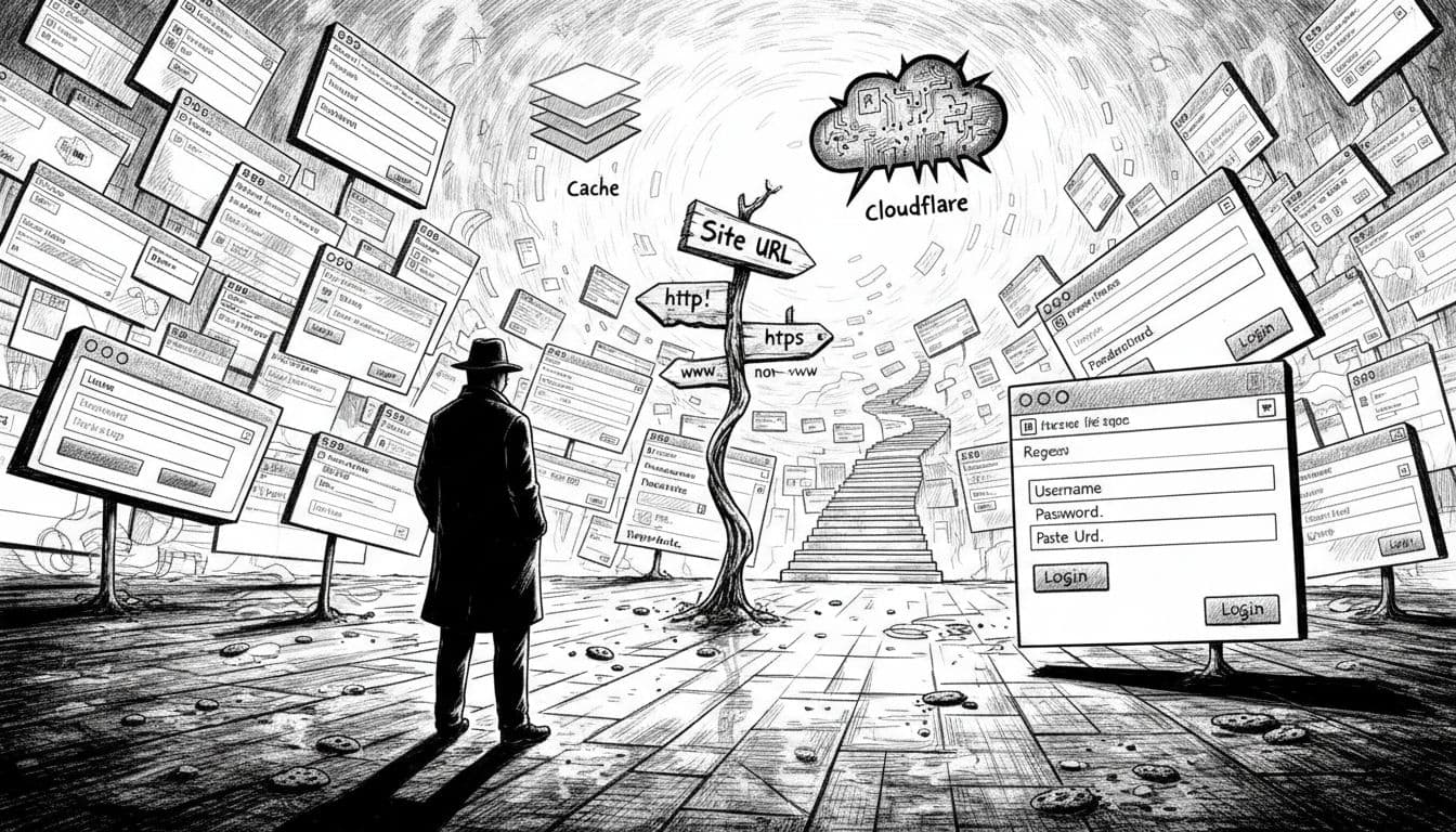 Black-and-white high-contrast illustration of a shadowy detective in a labyrinth of browser windows and endless WordPress login forms caught in a redirect loop, with conflicting site URL signposts and looming Cloudflare cache elements.