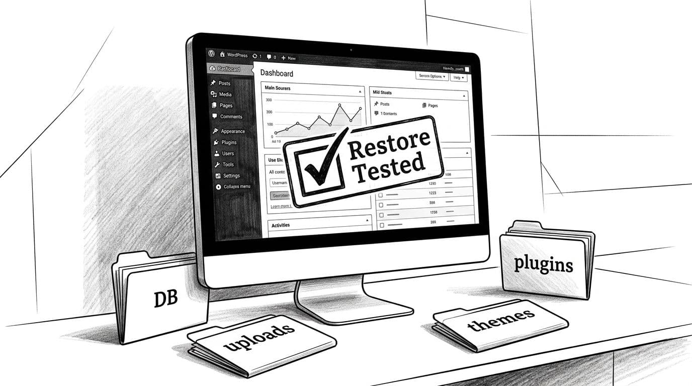 Black-and-white high-contrast illustration of a WordPress admin dashboard on a monitor featuring a stamped 'Restore Tested' checklist, surrounded by folders labeled DB, uploads, themes, and plugins.
