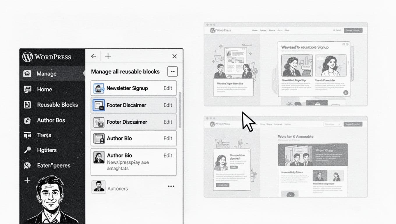 Black-and-white high-contrast ink/linocut illustration of the WordPress admin sidebar open to the 'Manage all reusable blocks' screen, listing blocks like Newsletter Signup and Author Bio with a selected preview. Faint background previews on pages and a single hovering mouse cursor, using crisp lines and negative space in landscape composition.