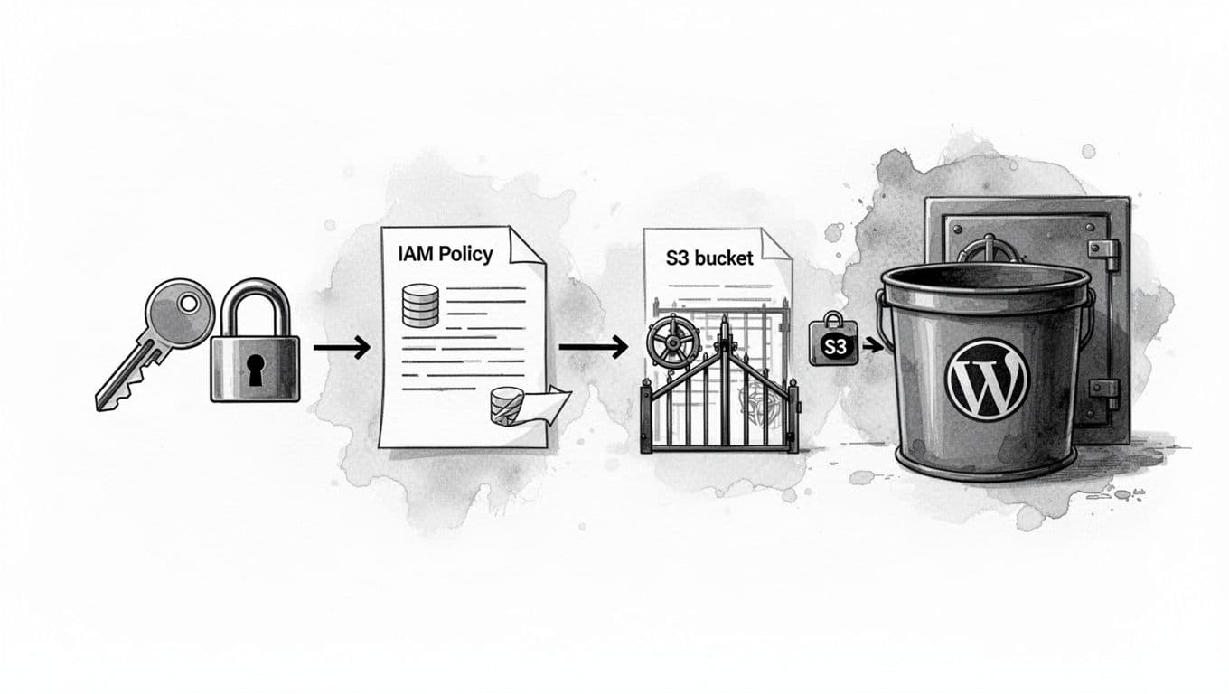 Black-and-white high-contrast ink illustration of security IAM for WordPress backups to S3, featuring key, padlock, IAM policy document, and S3 bucket icons in sequence with a narrow gate symbolizing least privilege.