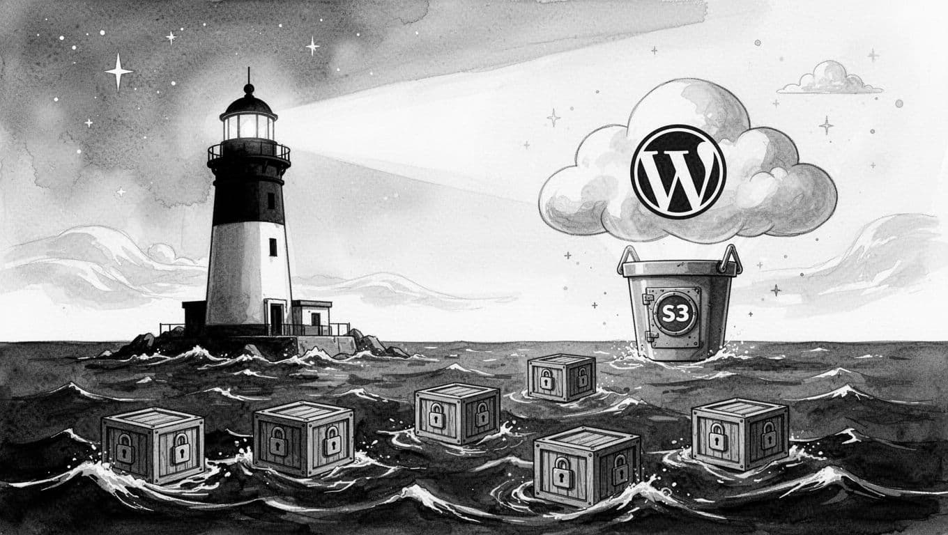 High-contrast black-and-white illustration of the WordPress logo as a lighthouse guiding locked backup crates across a dark sea to an S3 bucket-shaped cloud, with clean line art and ample negative space for a professional diagram aesthetic.