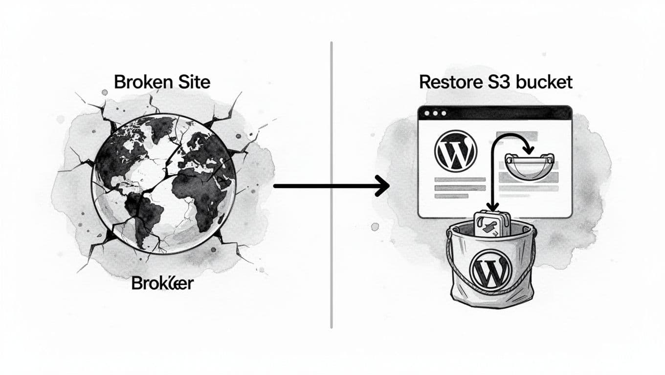 Black-and-white high-contrast illustration of a split-panel diagram: left shows broken WordPress site icon, right depicts rebuilt site with restore arrow from S3 bucket, evoking subtle lifeboat metaphor.