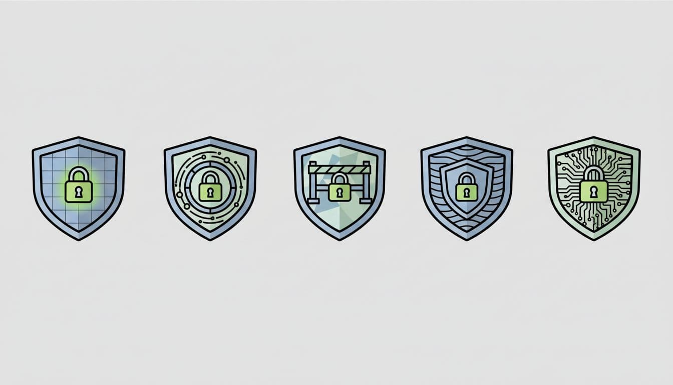 Modern illustration of five distinct security shields for WordPress plugins arranged side by side on a neutral background, featuring unique patterns, thick black lines, and green lock accents.