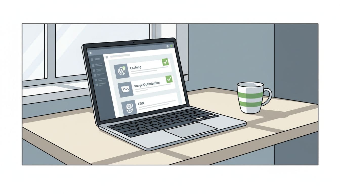 Modern illustration of a laptop displaying WordPress dashboard with active speed plugins like caching and image optimizer, on a desk with coffee mug, natural light, and relaxed hands.