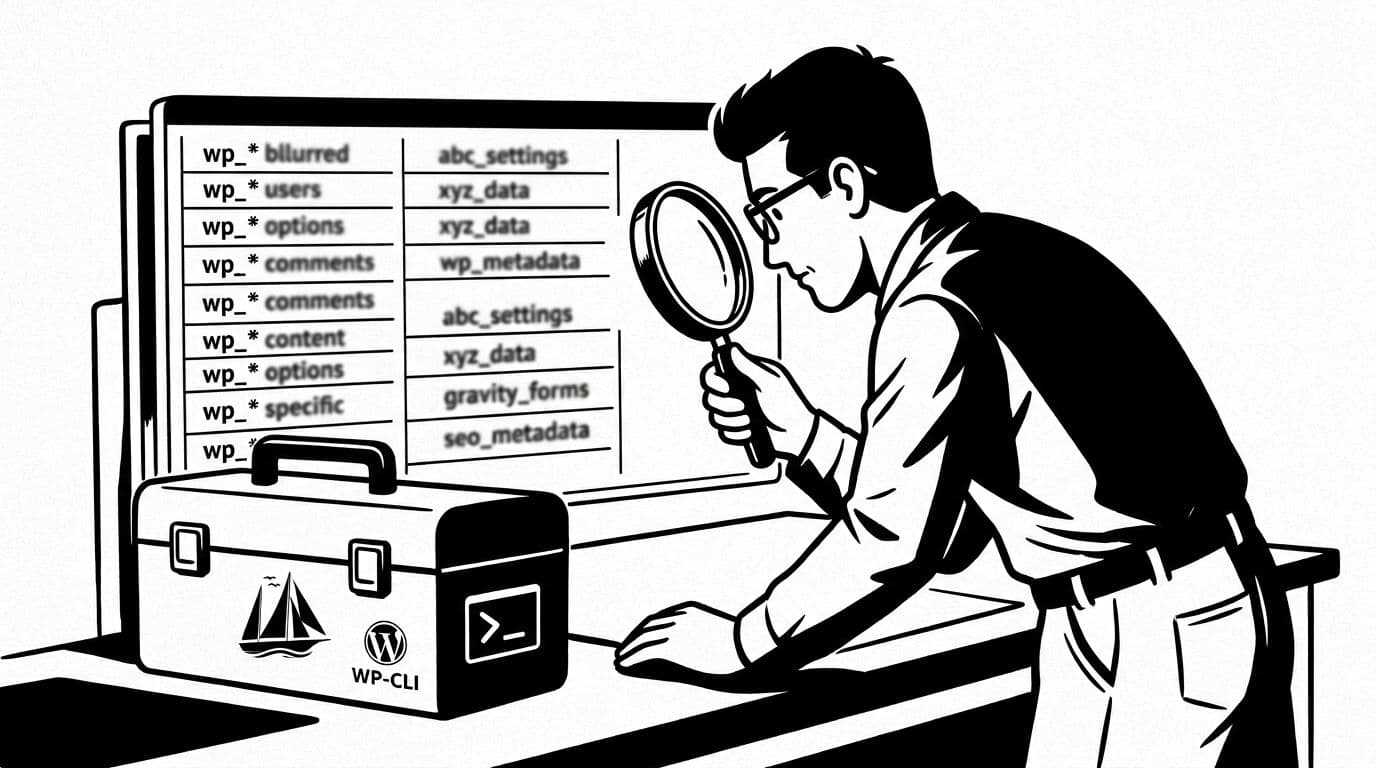 Black-and-white high-contrast ink illustration of a technician using a magnifying glass to inspect wp_* core database tables with warning icons and plugin prefixes like abc_options, with a nearby toolbox featuring phpMyAdmin and WP-CLI icons in a modern infographic style.