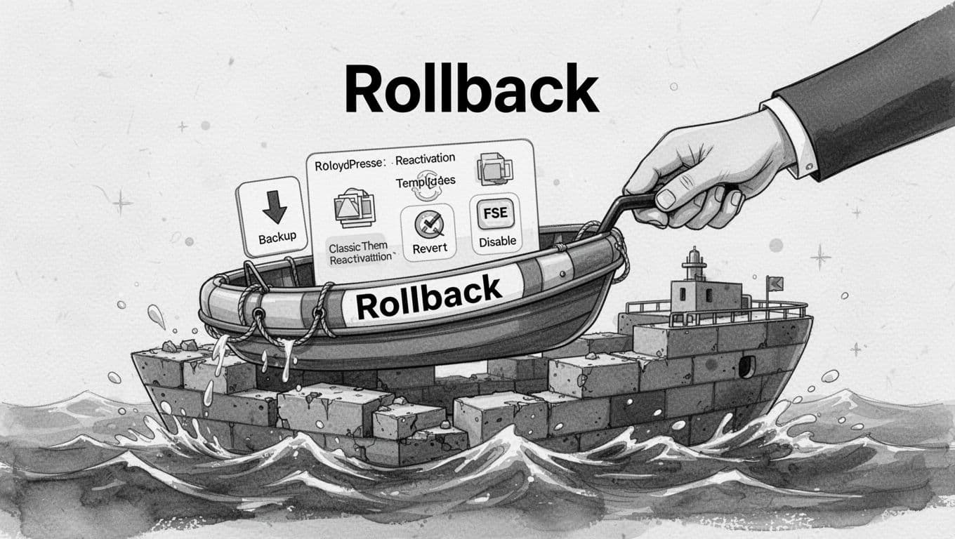 High-contrast black-and-white ink illustration of a lifeboat labeled 'Rollback' launching from a sinking block theme ship, with icons for backup restore and theme reactivation, symbolizing a safe WordPress theme switch plan.
