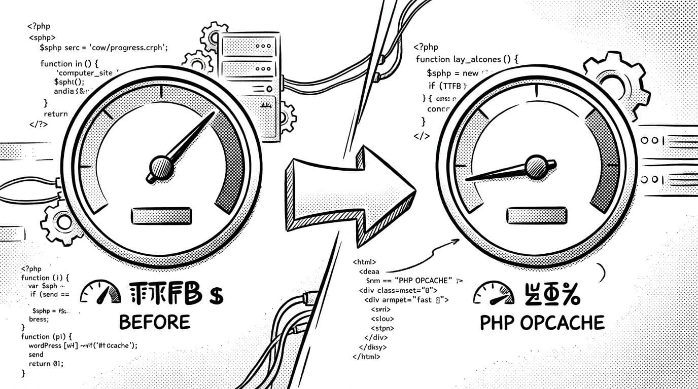 Black-and-white ink pen illustration in high-contrast halftone style depicting a split composition: slow dashboard gauge for high TTFB on a WordPress site before OPcache on the left, fast low TTFB gauge after enabling it on the right, connected by an improvement arrow.
