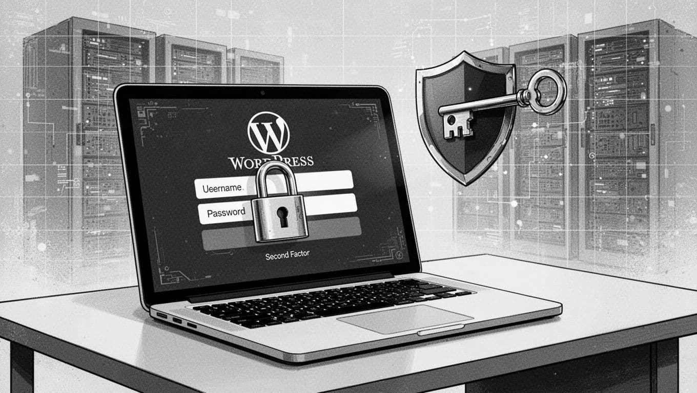 High-contrast black-and-white ink-style illustration featuring a laptop displaying a stylized WordPress login form secured by a padlock and a hovering shield-key 2FA symbol, with faint digital grid and server silhouettes in the background.