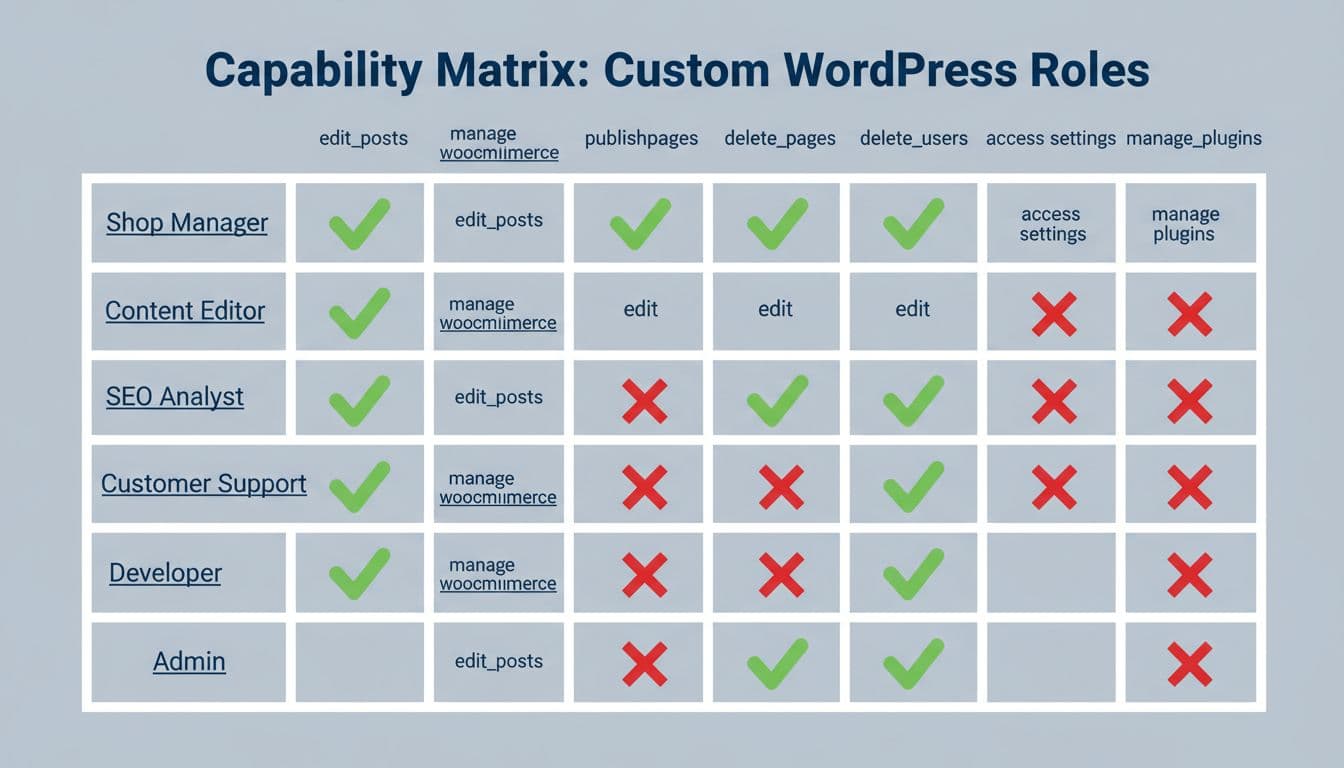 Capability matrix diagram for custom WordPress user roles like Shop Manager and Content Editor, with columns for capabilities such as edit_posts and manage_woocommerce. Green checkmarks (#22C55E) for allowed permissions, red crosses for denied, in modern illustration style with clean shapes and strong grid.