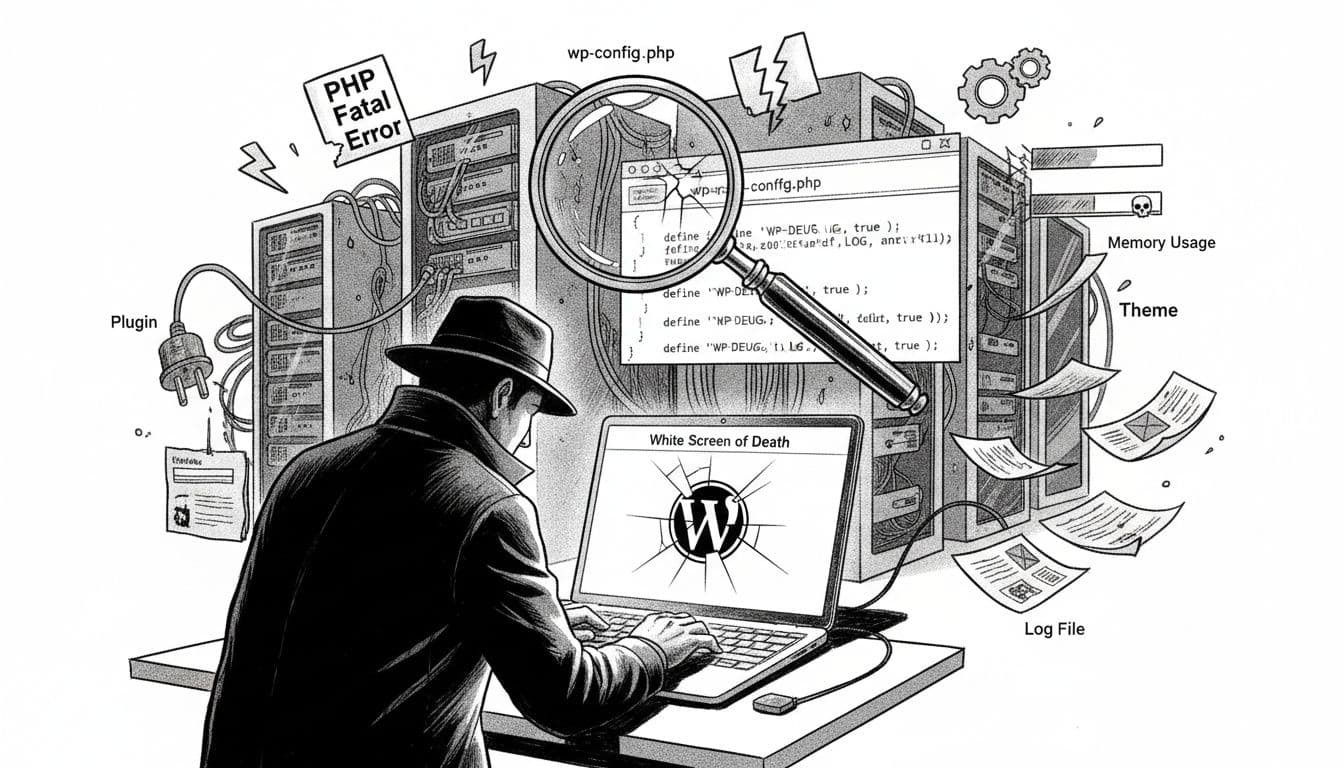 Black-and-white high-contrast illustration in editorial tech zine style featuring a shadowy detective examining a laptop displaying the WordPress 'White Screen of Death,' surrounded by server racks, error icons, and symbolic troubleshooting elements.