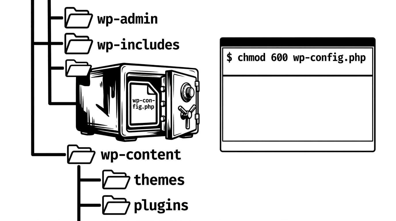 Black-and-white high-contrast ink illustration of WordPress folder tree with wp-config.php highlighted inside a locked safe, next to terminal showing '$ chmod 600 wp-config.php'.