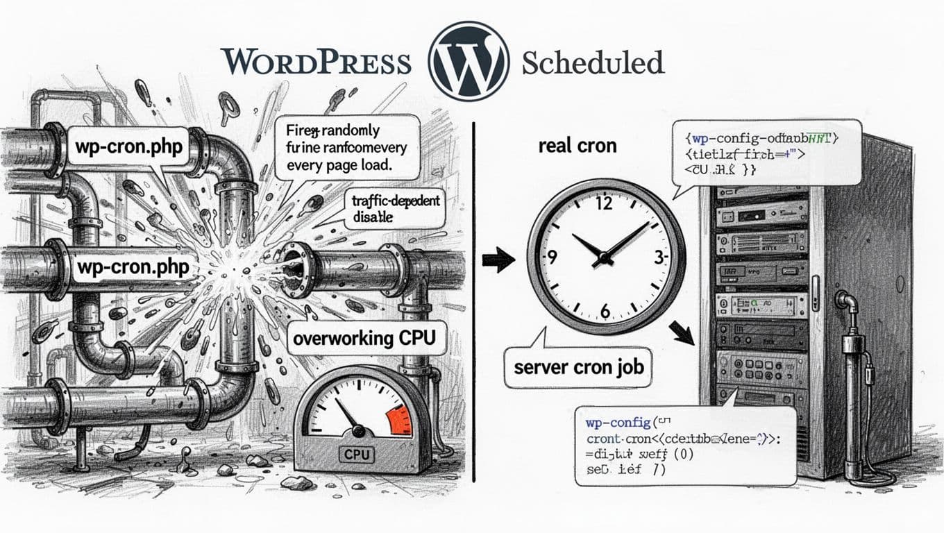 Black-and-white high-contrast split-view diagram illustrating chaotic traffic-dependent WP-Cron overloading CPU versus stable scheduled server cron job maintaining CPU stability in a WordPress factory setting.
