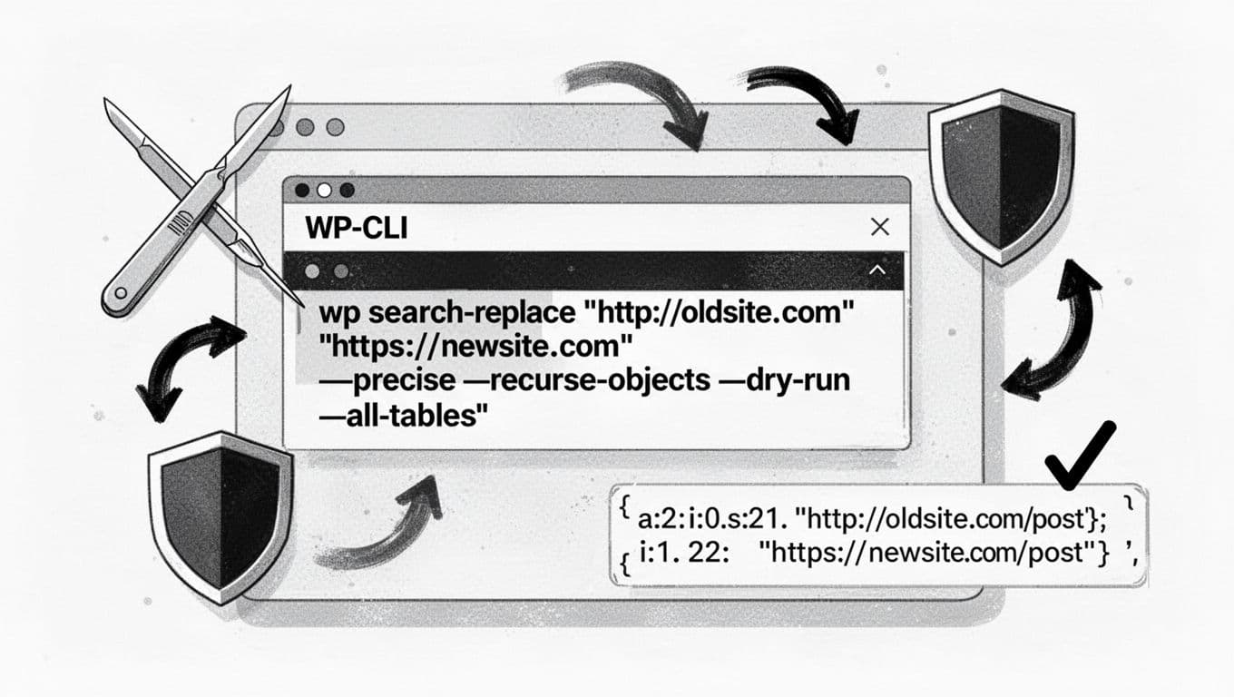Black-and-white high-contrast ink illustration of a WP-CLI 'wp search-replace' command in a terminal, with icons for --precise, --recurse-objects, --dry-run flags, and a serialized data example.