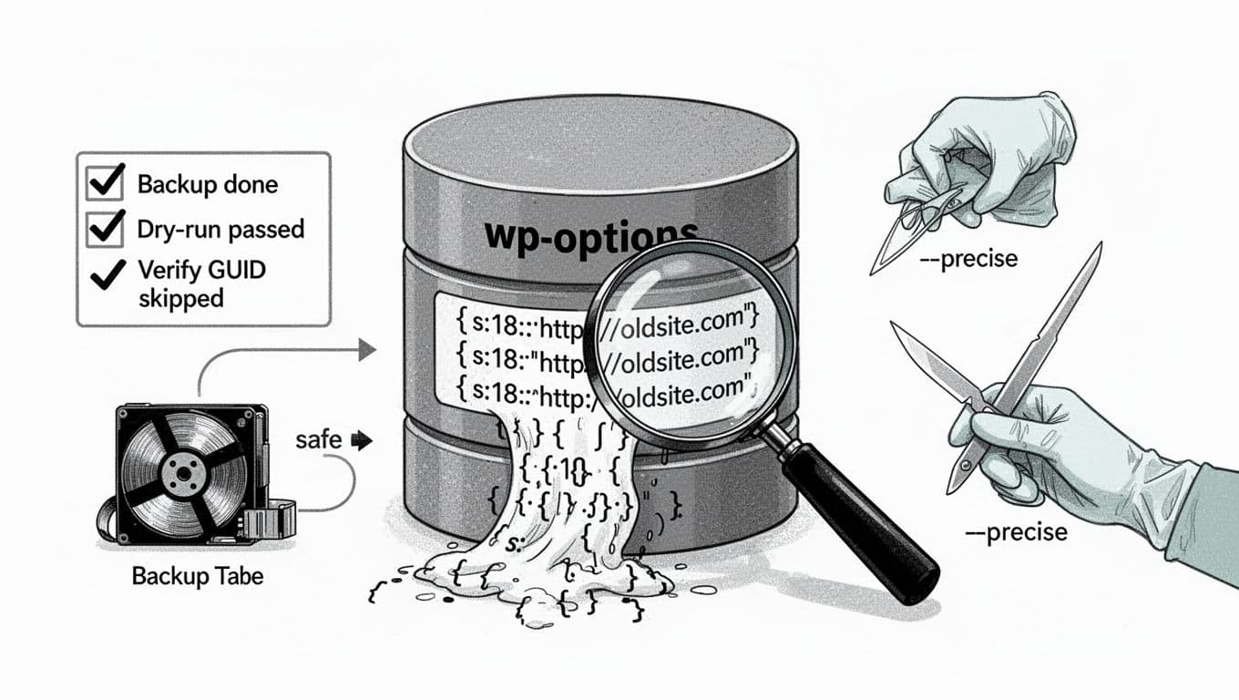 Black-and-white high-contrast illustration of a wp_options database cylinder with serialized data under a magnifying glass, featuring a migration checklist, backup tape, and precise scalpel tool.