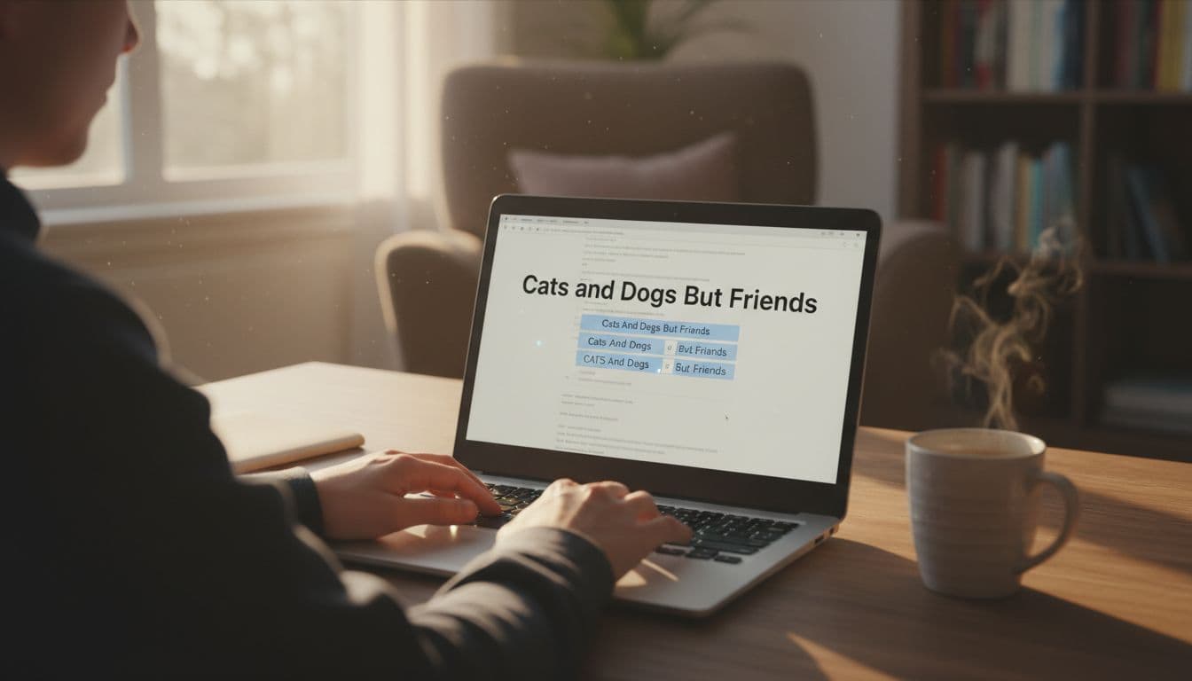 A focused person types at a laptop in a cozy home office, screen showing a blog title with capitalization options highlighted, slightly blurred. Warm light through window illuminates desk with coffee mug nearby, realistic photo style.