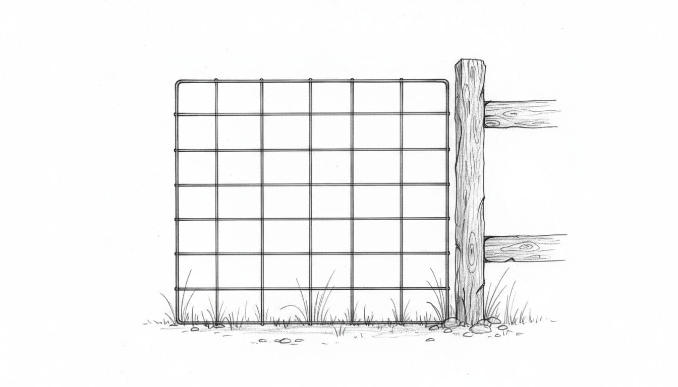Hand-drawn graphite sketch of a single 16-foot long by 50-inch high welded wire cattle panel standing upright against a garden fence post in a backyard, straight-on view with natural daylight, light shading, and clean white background.