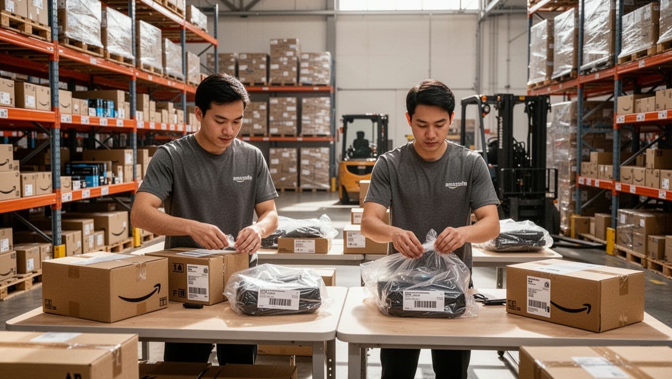 Interior view of a modern 3PL fulfillment warehouse with two workers casually prepping Amazon FBA boxes via labeling and bagging on tables, surrounded by neatly stacked overflow inventory pallets, organized product shelves, and a distant forklift under bright natural light.