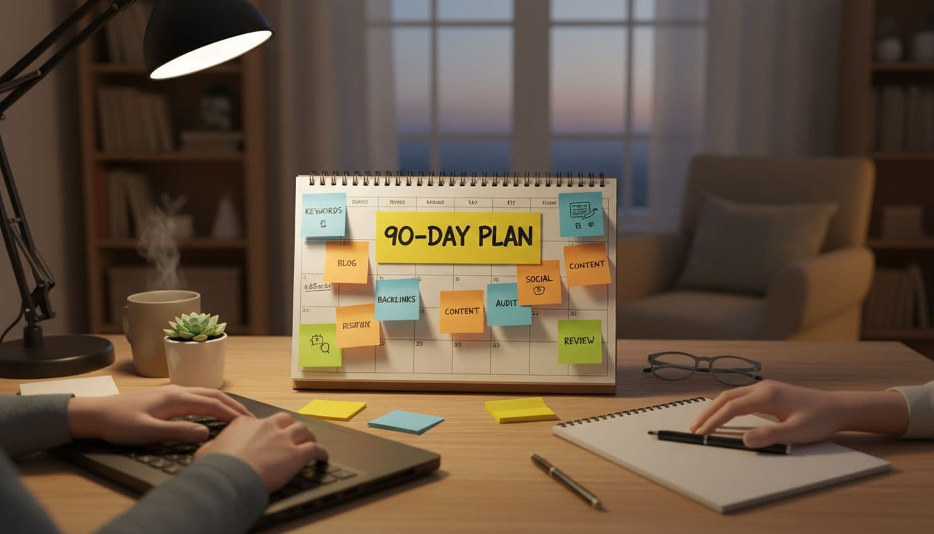 Cozy home office desk with calendar planner marked for 90-day SEO action steps, surrounded by sticky notes, laptop, and one notepad under warm lighting; realistic photo with relaxed hands, no people visible, only '90-Day Plan' readable on one note.
