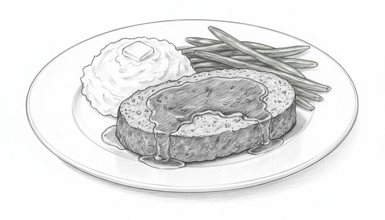 One thick slice of glazed A1 sauce meatloaf on a white dinner plate, with a scoop of mashed potatoes and steamed green beans. Overhead hand-drawn graphite sketch with light shading on clean white paper background.
