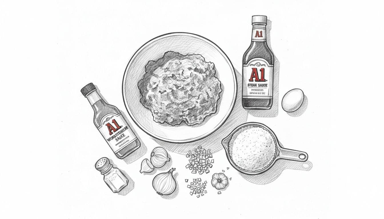 Hand-drawn graphite sketch of fresh ingredients for A1 sauce meatloaf recipe arranged neatly on a wooden kitchen counter in top-down composition. Includes ground beef, A1 sauce, egg, breadcrumbs, chopped onion and garlic, Worcestershire sauce, salt, and pepper.