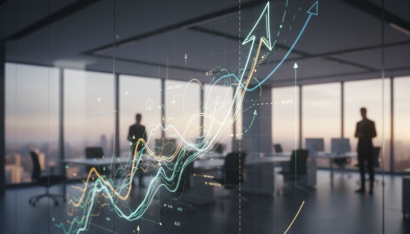 Ascending data charts are displayed on a clean glass wall in a professional office setting.