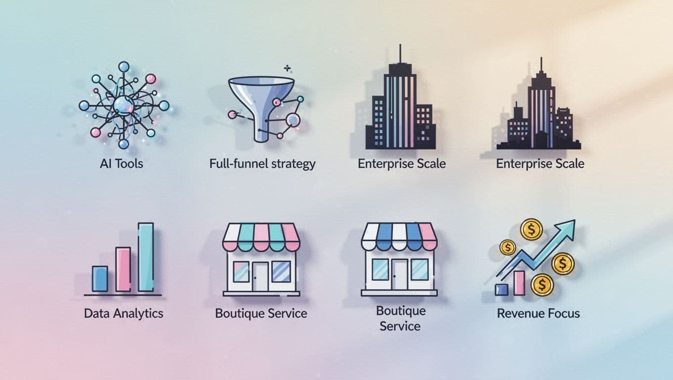 Grid of six flat icons depicting advertising agency strengths in AI, strategy, scale, analytics, service, and revenue.