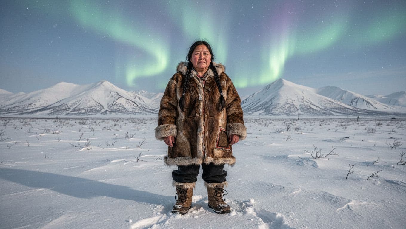 Middle-aged Inupiaq woman with long braided hair in fur parka stands in vast snowy Alaskan tundra with mountains and aurora.