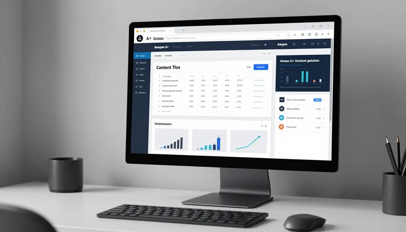 Desktop screen in a clean workspace displaying an AI dashboard preview for Amazon A+ content generation, featuring abstract modules, charts, and edit tools under soft lighting.