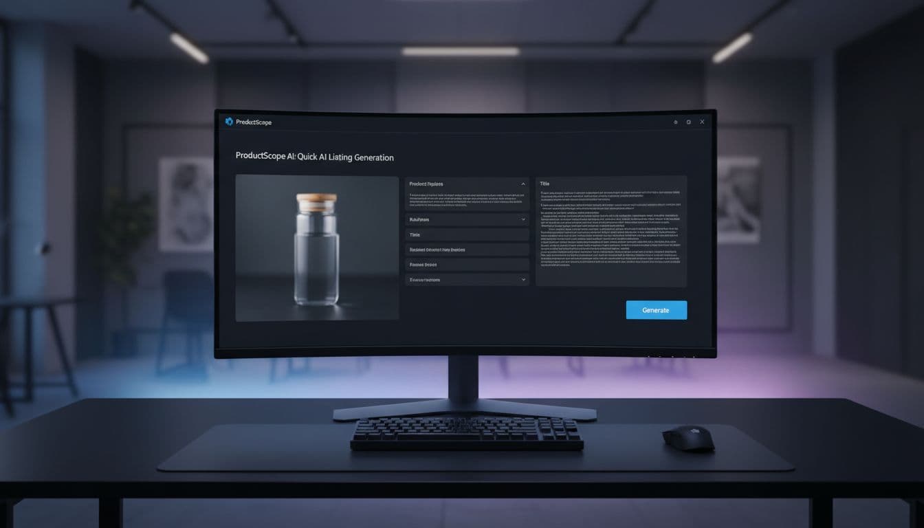 Best Amazon FBA Listing Tools in 2026 for Smarter Listings Modern web dashboard for AI-powered Amazon listing generator showing blurred product image and generated text fields in sleek dark mode interface on a large monitor in professional setup with minimalistic desk.