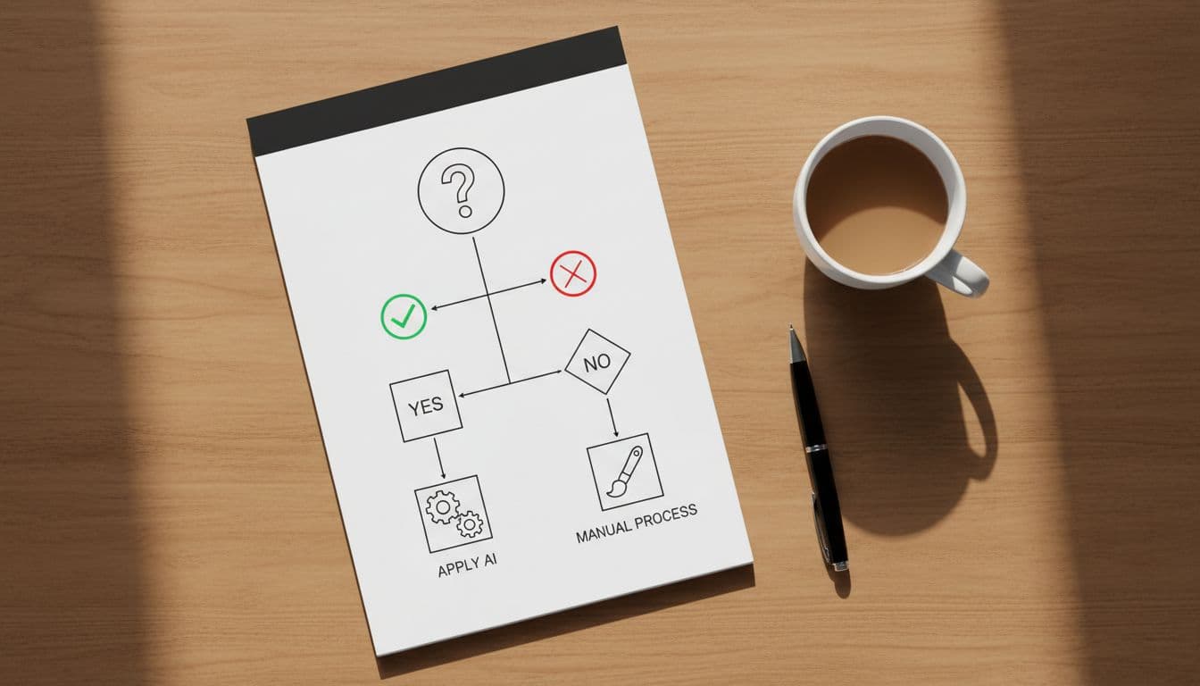 Top-down view of a minimalistic decision flowchart on a notepad with simple yes/no icons for AI use in applications, next to a coffee mug and pen on a wooden desk with natural lighting.