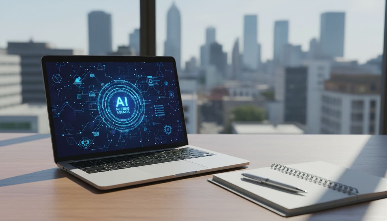 Clean office desk with an open laptop displaying an abstract AI interface for generating meeting agendas, a planner notebook and pen beside it, and a cityscape view through the window under realistic daylight lighting.