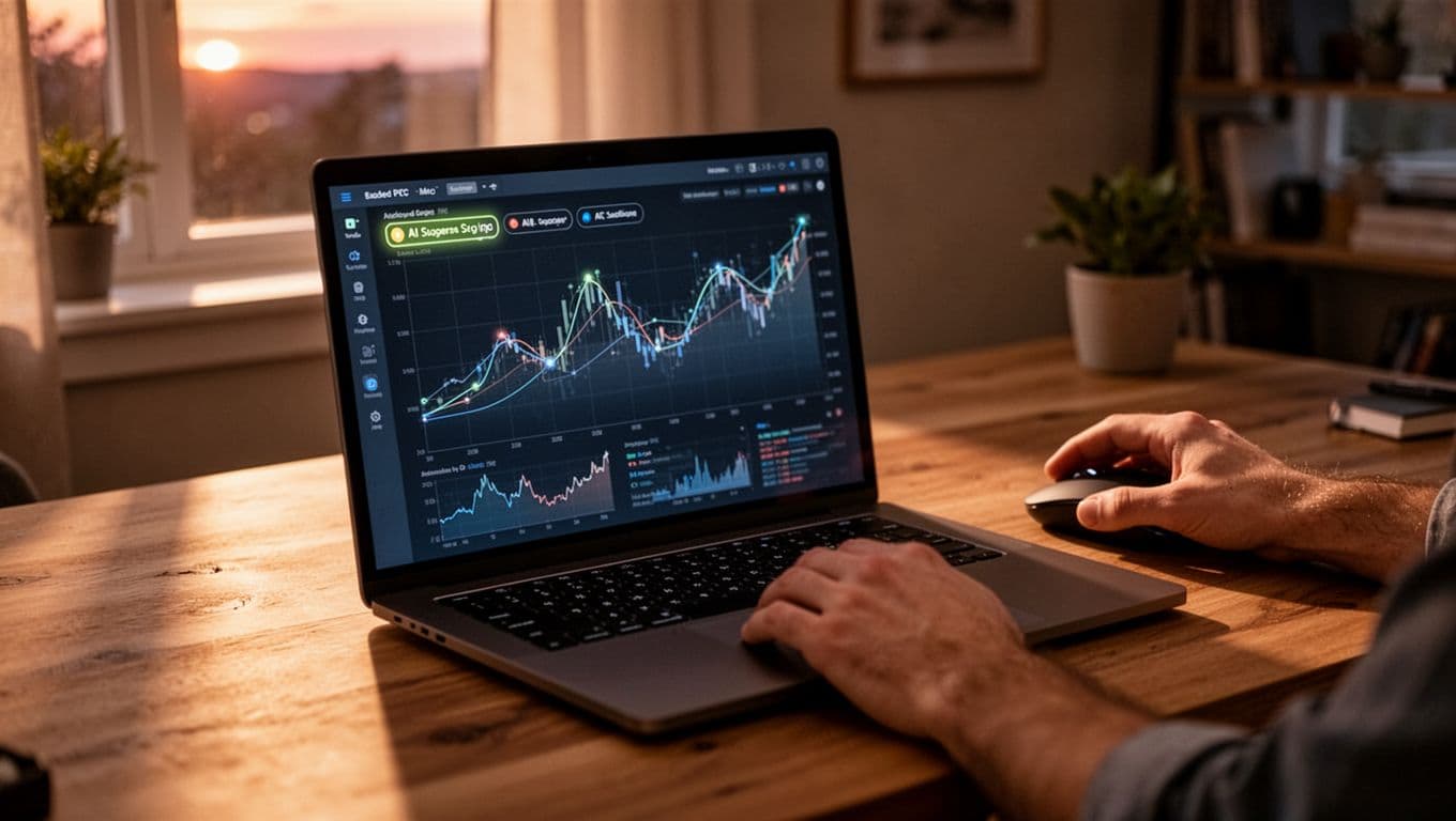 Laptop on a desk shows PPC ad performance charts with subtle AI optimization suggestions highlighted, seller's hands holding a mouse nearby in a cozy home office bathed in soft evening light.