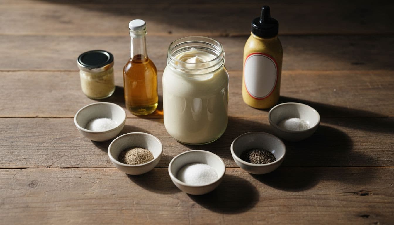 Rustic wooden kitchen table with fresh ingredients for Alabama white sauce recipe laid out neatly: mayonnaise, apple cider vinegar, horseradish, Dijon mustard, garlic powder, salt, black pepper, and sugar in an overhead close-up with cinematic lighting.