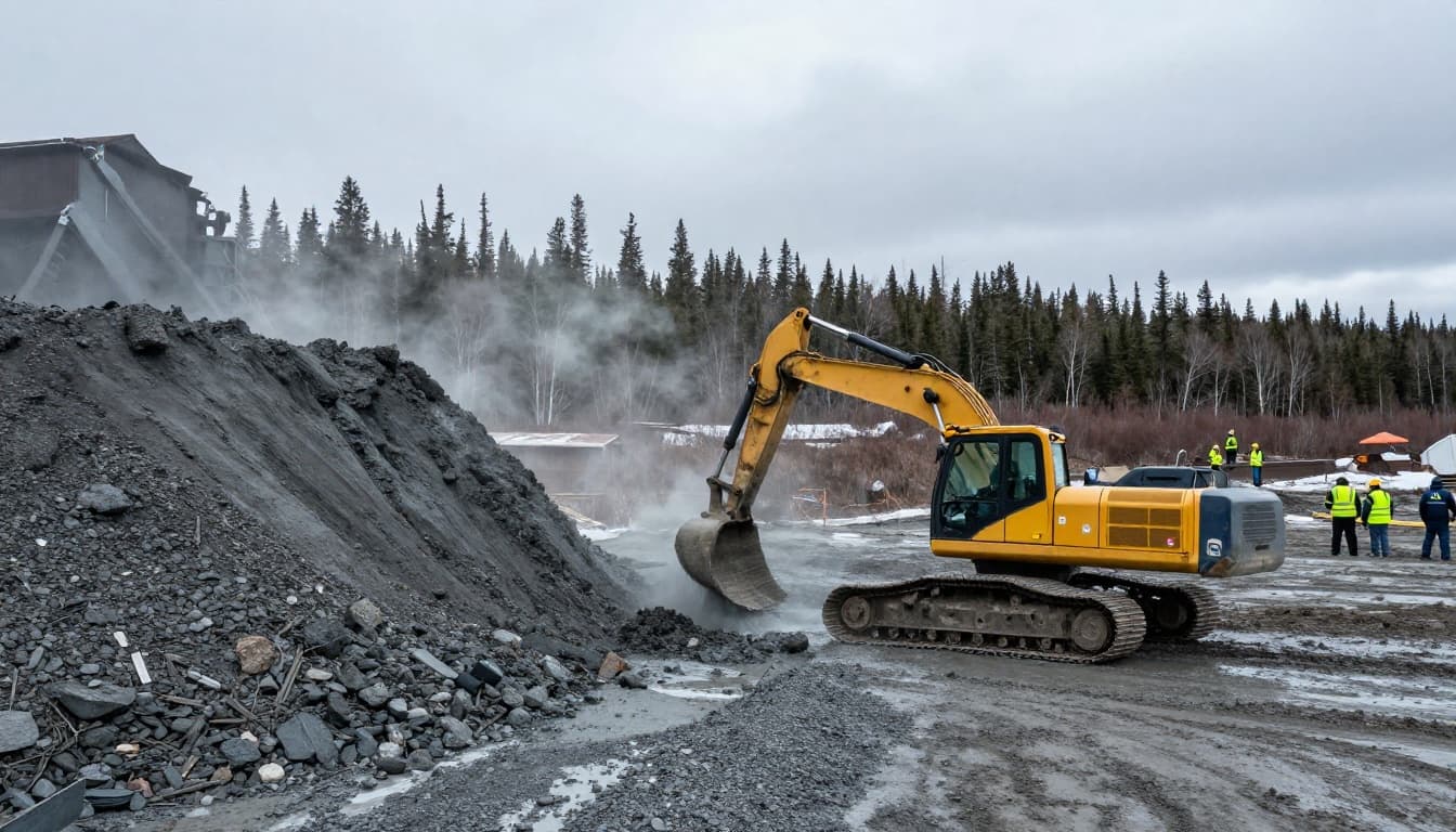 A dynamic action shot of a busy gold mining operation in Alaska, showing a wash plant sluicing paydirt under gray skies, an excavator dumping gravel, and four distant crew members in high-vis gear amid a remote frozen taiga landscape.