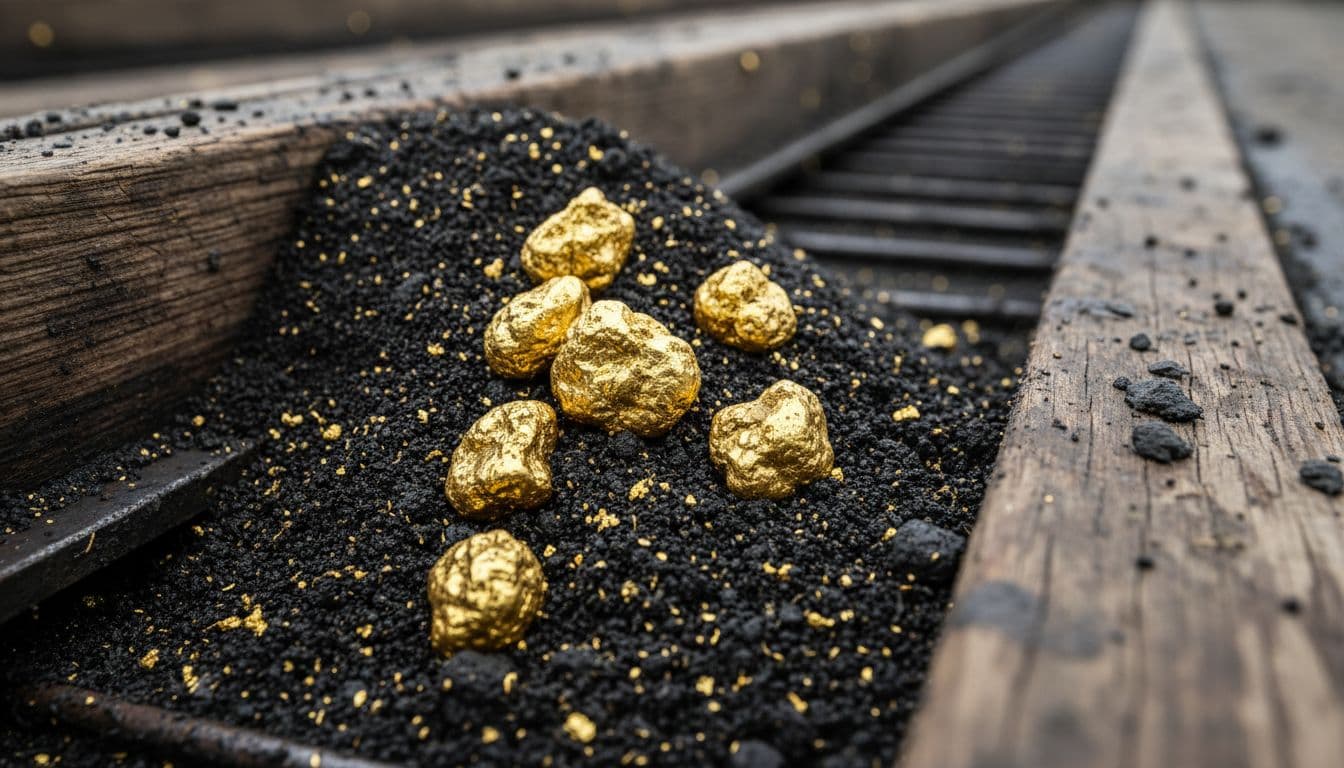 Close-up of gold nuggets and paydirt pile on a wooden sluice box deck of a mining boat in Alaska, shiny gold flecks scattered among black sand with wet gritty texture.