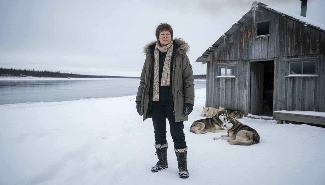 Middle-aged woman in heavy parka stands outside rustic wooden cabin on snowy Yukon River bank with sled dogs nearby.