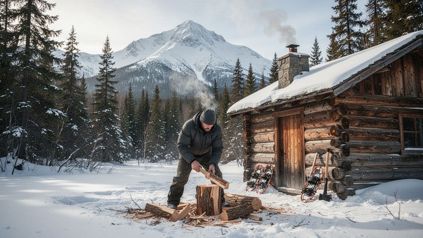 Rugged cabin amid dense forest and snowy mountains, smoke from chimney, snowshoes and axe outside, lone figure chopping wood.